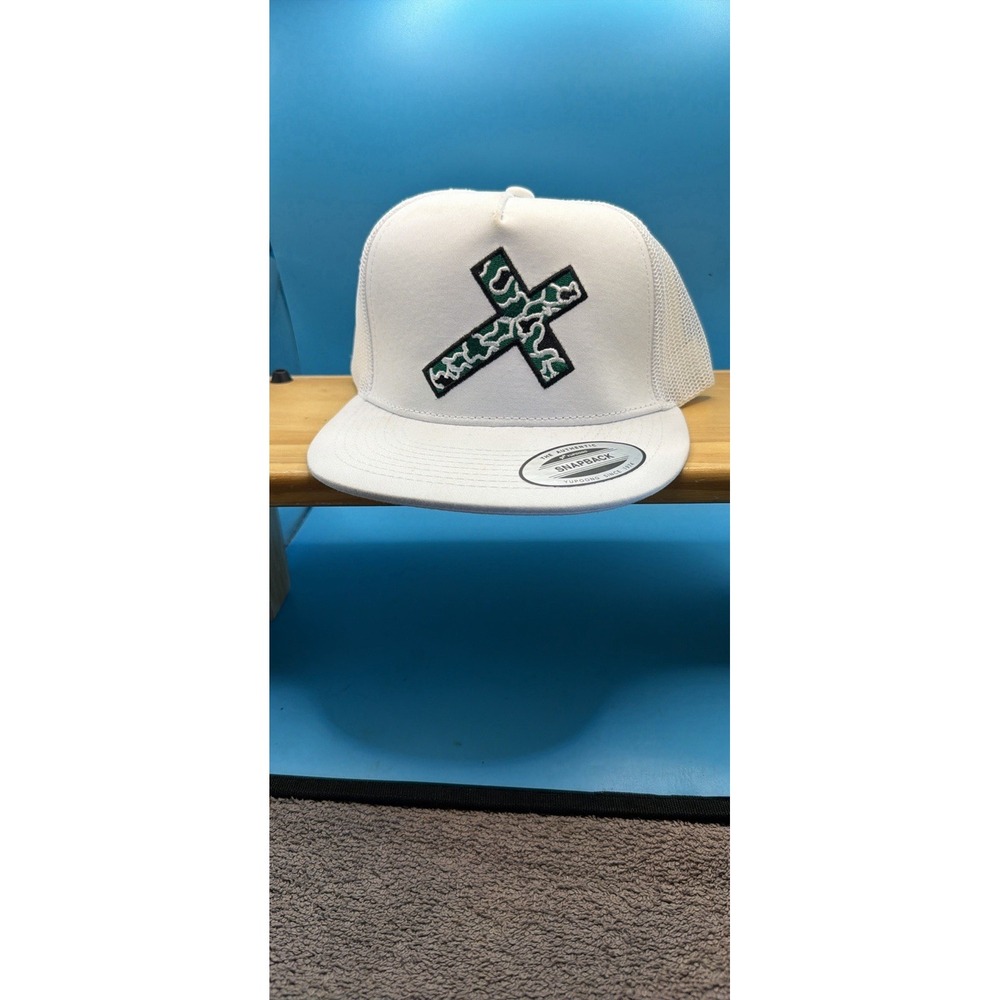 Yupoong White Snap Back Trucker Hat Cross Embroidered Logo Camo Men OSFA